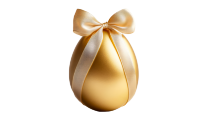Elegant golden egg with satin ribbon on transparent background