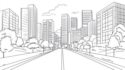 Cityscape sketch, urban road, trees, buildings, background illustration
