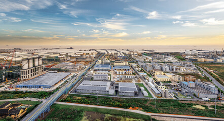 Panorama of a large industrial complex with storage tanks and factory buildings. Industry background.