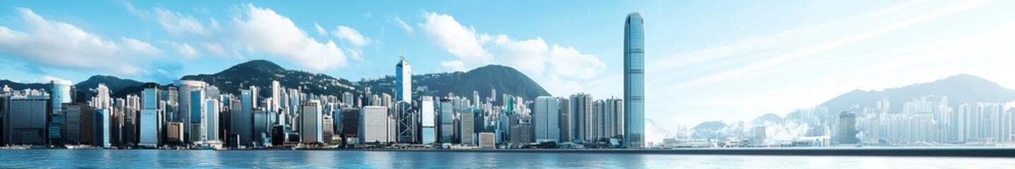 Modern City Skyline Reflected in Water Under Blue Sky