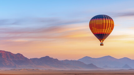 Fototapeta premium colorful hot air balloon floats above serene landscape at sunset, creating peaceful and picturesque scene