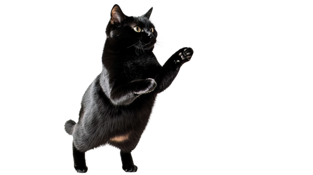 Playful black cat jumping with excitement on transparent background