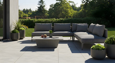 Modern Patio With Minimalist Outdoor Furniture and Natural Landscape