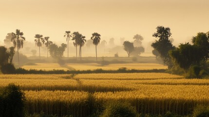 Fototapeta premium Morning sun rising over endless wheat fields in Punjab, warm golden hues and fresh air generative ai