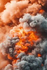 Fiery Explosion of Orange Flames and Gray Smoke Creating a Dramatic Abstract Cloudscape of Intense Heat and Power