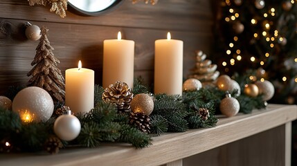 Christmas decoration with burning candles on wooden ledge with christmas tree in background