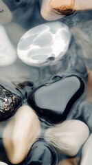 Macro image of smooth river stones of different shapes and colors, lying in the water and visible above the surface, water reflects sunlight representing harmony and calmness