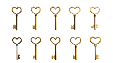 Ten golden keys with heart shaped tops are neatly arranged in a row