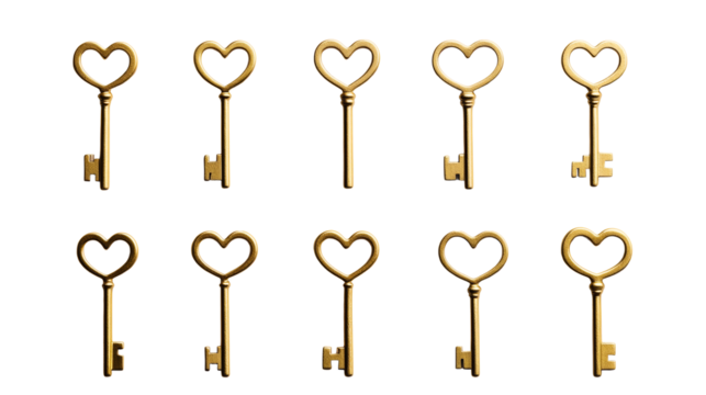 Ten golden keys with heart shaped tops are neatly arranged in a row - Powered by Adobe