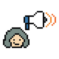 Naklejka premium Cute pixel cartoon character woman with megaphone announcement speaker information announce decoration 8 bit female girl lady megaphone cartoon pixel game png vector.