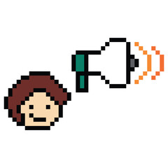 Pixel art cute cartoon character man with megaphone announcement speaker information announce decoration 8 bit male boy megaphone cartoon pixel game png vector.