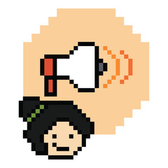 Obraz premium Cute pixel cartoon character woman with megaphone announcement speaker information announce decoration 8 bit female girl lady megaphone cartoon pixel game png vector.