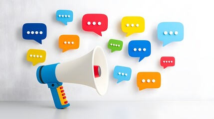 Bright and energetic megaphone broadcasting a variety of colorful speech bubbles against a clean background symbolizing social media engagement advertising and effective communication