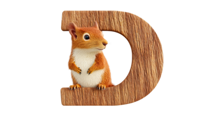 Squirrel beside a wooden letter D with a transparent background
