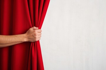Red Curtain Being Opened by Hand Against White Background