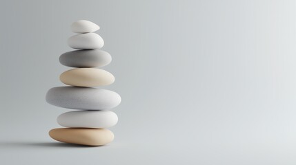 Image of smooth river stones stacked on top of each other, forming a composition of harmony and balance. Composed with copy space.
