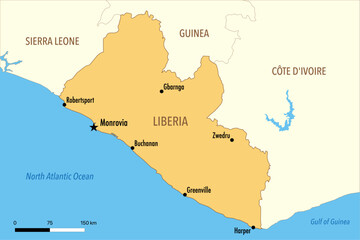 Obraz premium Vector Map of Liberia with Major Cities and Neighboring Countries – Editable Illustration