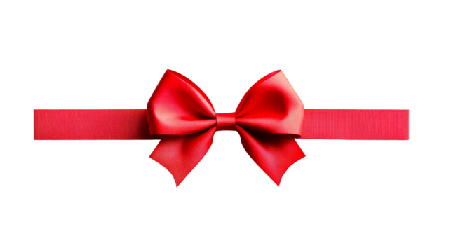 Red decorative bow on a ribbon against a transparent background