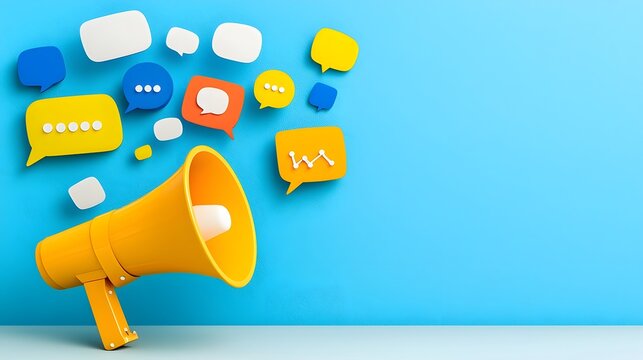 Dynamic and playful megaphone with vivid speech bubbles floating upward symbolizing the power of voice and communication in digital marketing branding and campaign management