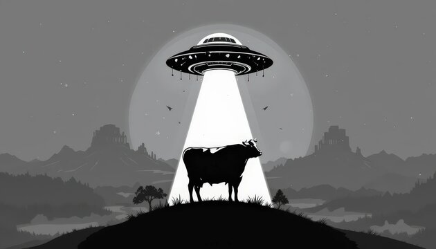  Classic Black and White Cow Abduction Graphic with a Simple Western Motif
