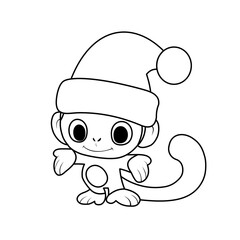 Coloring of Monkey Wearing Santa Hat Cartoon, Cute Funny Character, Flat Design