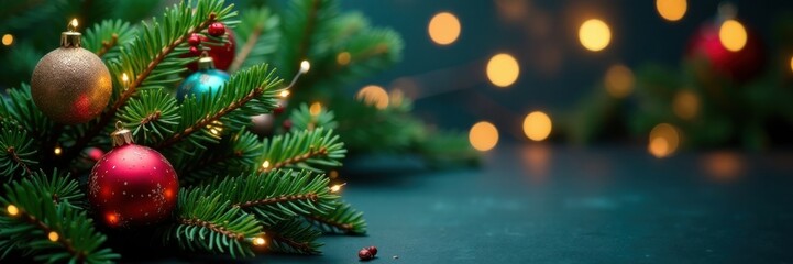 Decorative evergreen fir branch background with Christmas ornaments and lights, winter scene, seasonal decor, winter wonderland
