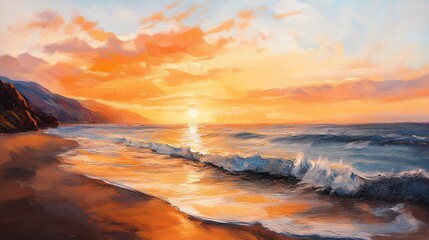 Fototapeta premium Beautiful depiction of a stunning ocean sunset painted on canvas