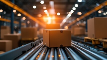 The image captures a streamlined assembly line in a warehouse, featuring neatly arranged cardboard boxes that represent efficient logistics and supply chain management.