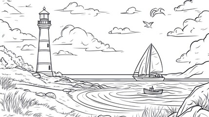 Coastal scene with lighthouse and sailboat, coloring book illustration, possible use for coloring page