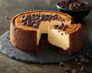 A delicious chocolate cheesecake with a crumbly crust, topped with chocolate chips, sitting on a dark slate surface.