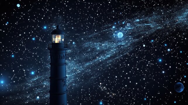 Lighted coastal lighthouse against starry night sky, cosmic background, guidance concept