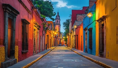 Obraz premium Vibrant Street, Colorful Buildings, Nighttime Illumination, Cobblestone Road, Historic Architecture, Evening Ambiance, Twilight Scenery, Cityscape Beauty, Architectural Details, Urban Exploration