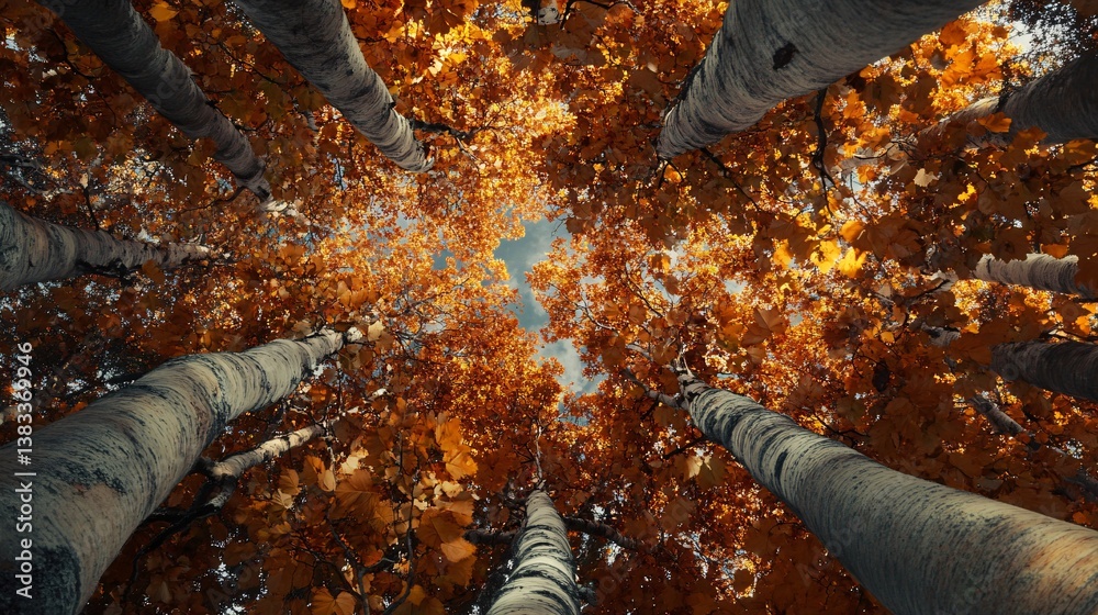 Poster birch trees canopy with colorful foliage reaching for the sky in autumn