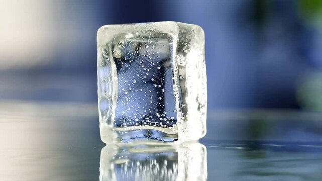 Clear Ice Cube Melting on a Reflective Surface in a Warm Setting