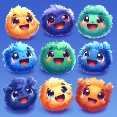 Fototapeta premium Colorful, fluffy characters with expressive faces arranged in a grid, showcasing a variety of emotions and vibrant colors.