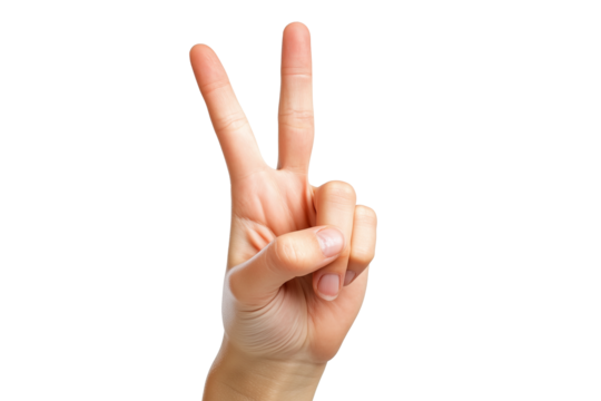 Woman hand gesturing peace, victory, triumph, isolated transparent background.