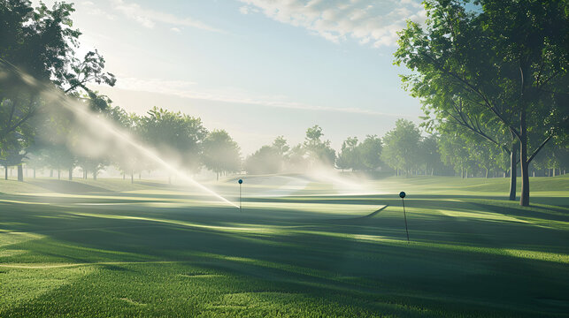 Golf course sprinklers misting greens at sunrise with sunbeams through trees - Powered by Adobe