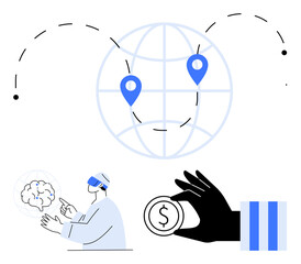 Globe with location markers, VR scientist working on scalable ideas, and currency in a hand. Ideal for technology, research, globalization, finance, innovation data future thinking. Flat simple
