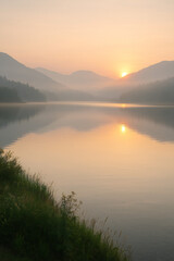 Obraz premium Serene Sunrise Over a Misty Lake