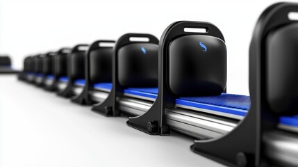 Row of Black and Blue Automated Transport Devices on Conveyor Belt
