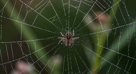 Detailed Capture Of Spider Weaving Its Web In Dew-Kissed Morning Light
