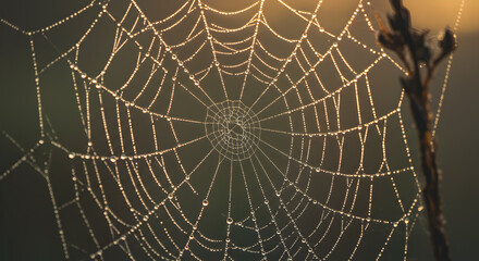 Obraz premium Glistening Spiderweb With Morning Dew Close Up Captures Nature's Beauty