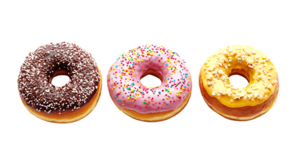 Three assorted frosted donuts with various toppings are arranged side-by-side for a sweet bakery advertisement isolated on a white.