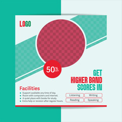IELTS square banner with 50% off and key facilities for higher scores.