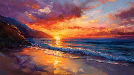 A Beautiful Painted Beach Scene at Sunset on the Shoreline