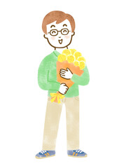 笑顔で黄色いバラの花束を持っている男性の全身イラスト