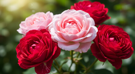 Delicate Pink And Red Roses Blooming In A Sunny Outdoor Garden