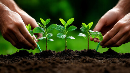 Close-up of hands planting a young green seedling in rich soil.