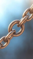 Obraz premium close up of metallic chain link with textured surface, set against blurred blue background, symbolizing strength and connection