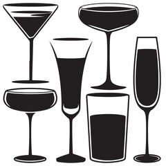 set vector various cocktail glass, summer cocktail, cocktail drink silhouettes